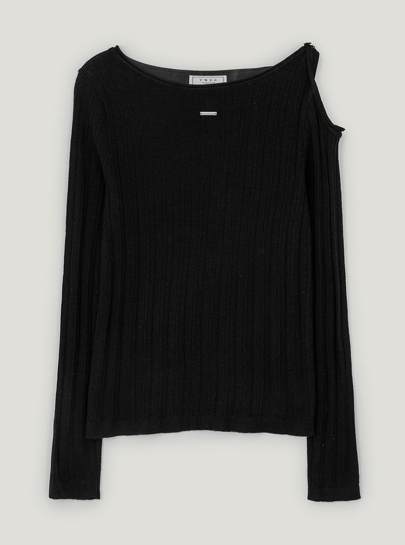Roman asymmetric shoulder twist long sleeve knit | Black cutout