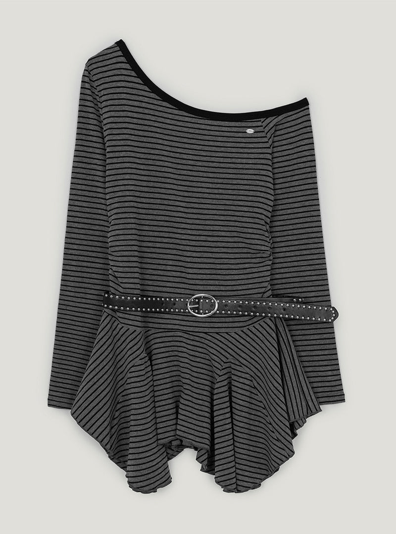 Billud one-shoulder stripe flare dress (belt set) | Black cutout