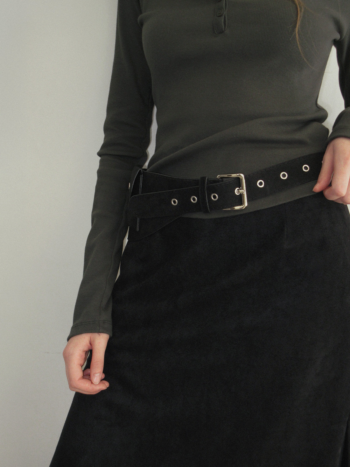 TWEE Benz organza layered suede long skirt | Product styling view 13