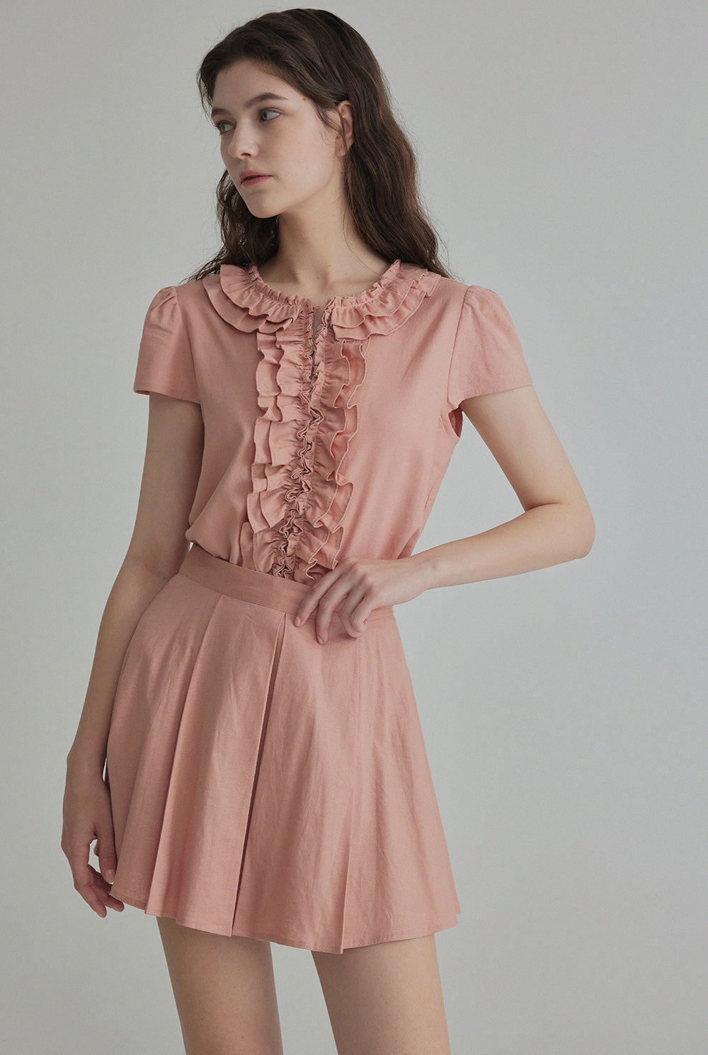 Riten Frill Linen Blouse Mini Skirt