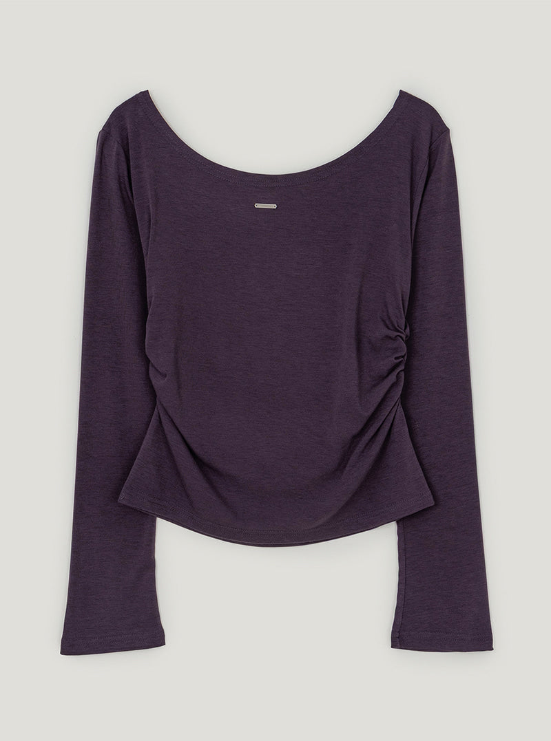 Theon shirring boat neck long sleeve T-shirt | Purple cutout