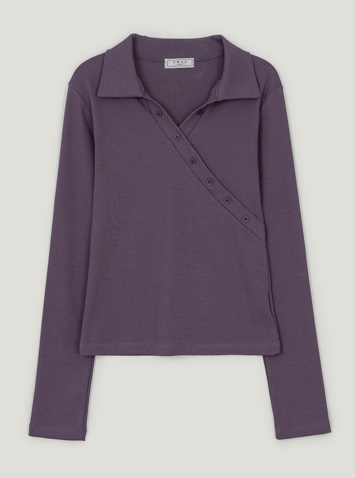 TWEE Normal diagonal button collar long sleeve T-shirt | Purple product-only view
