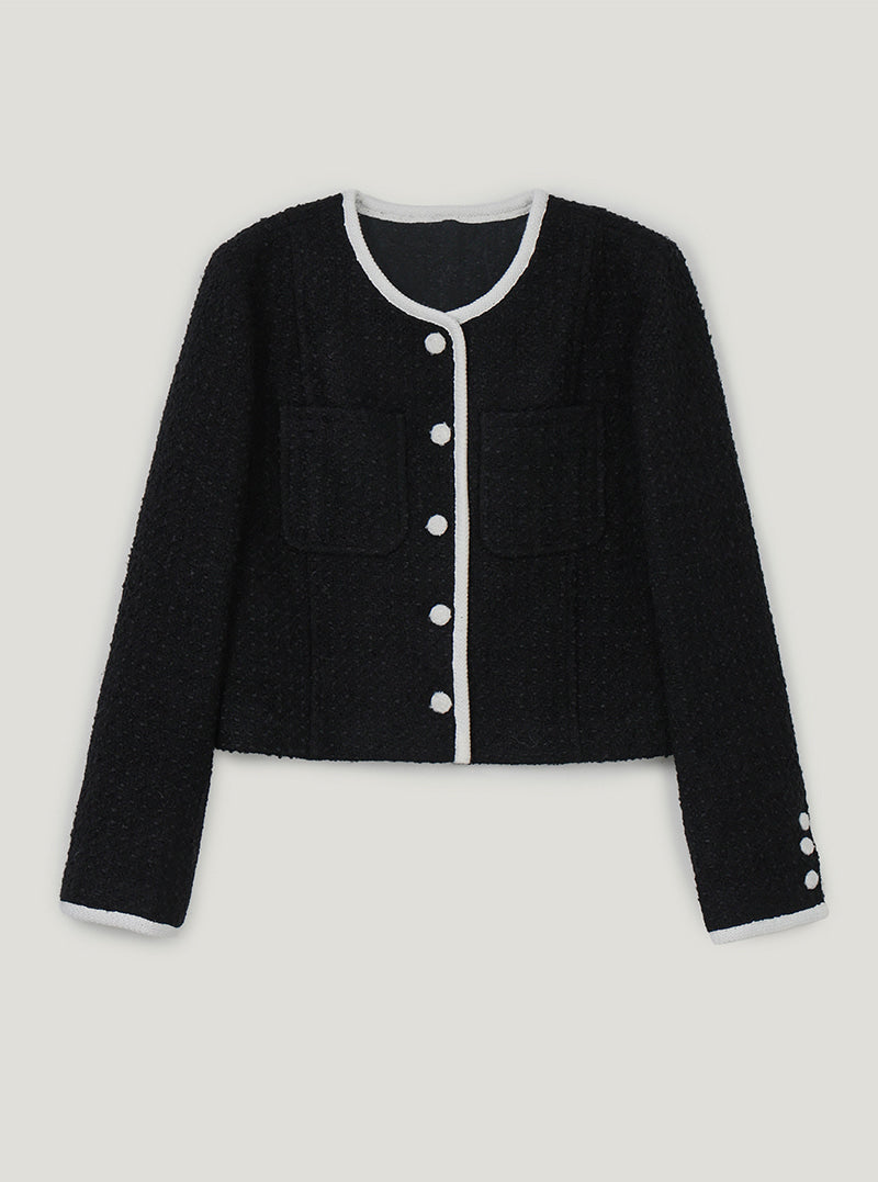 TWEE Osel contrast pocket long sleeve tweed jacket | Black product-only view