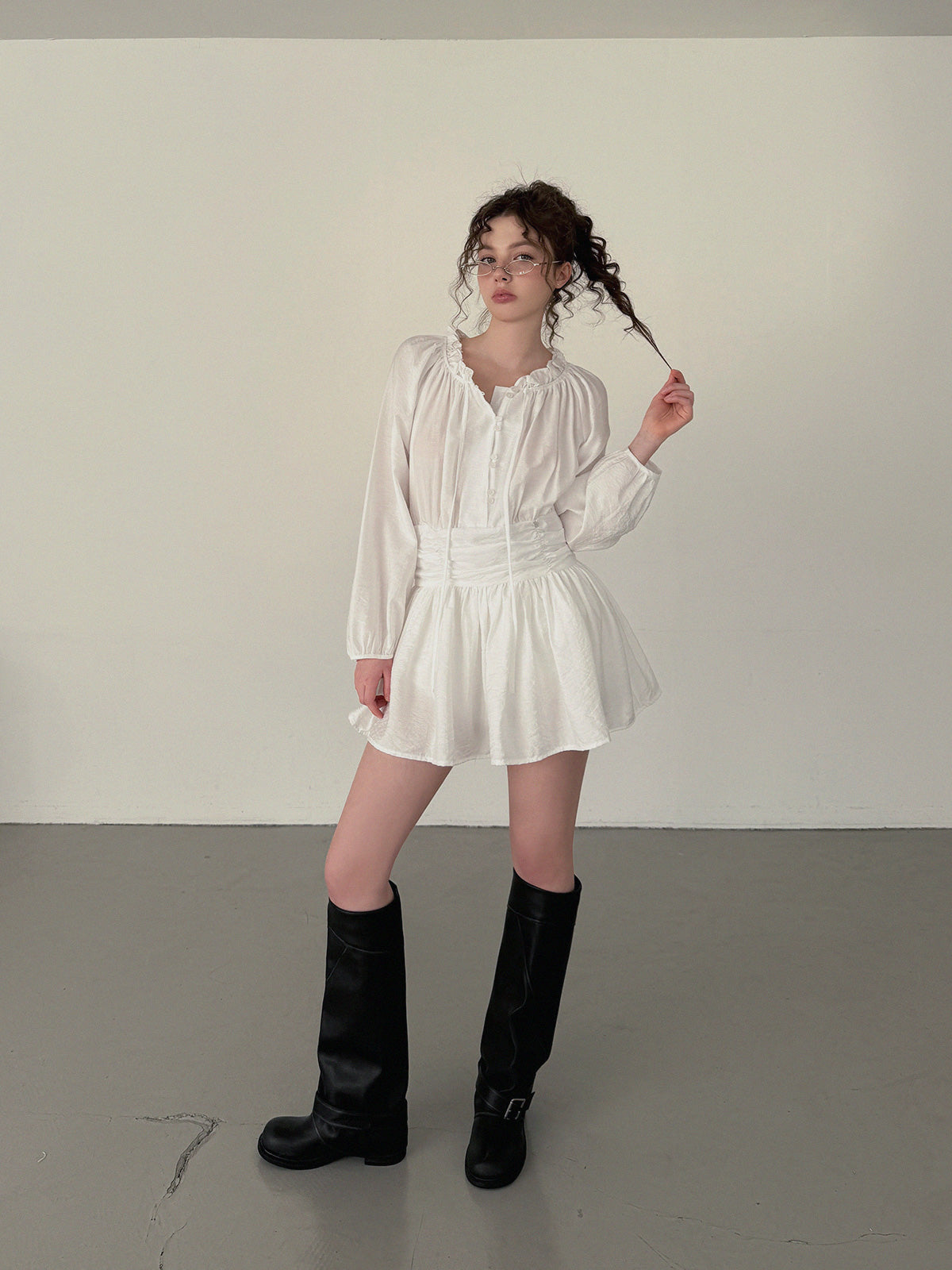 Poet frill shirring long sleeve mini dress
