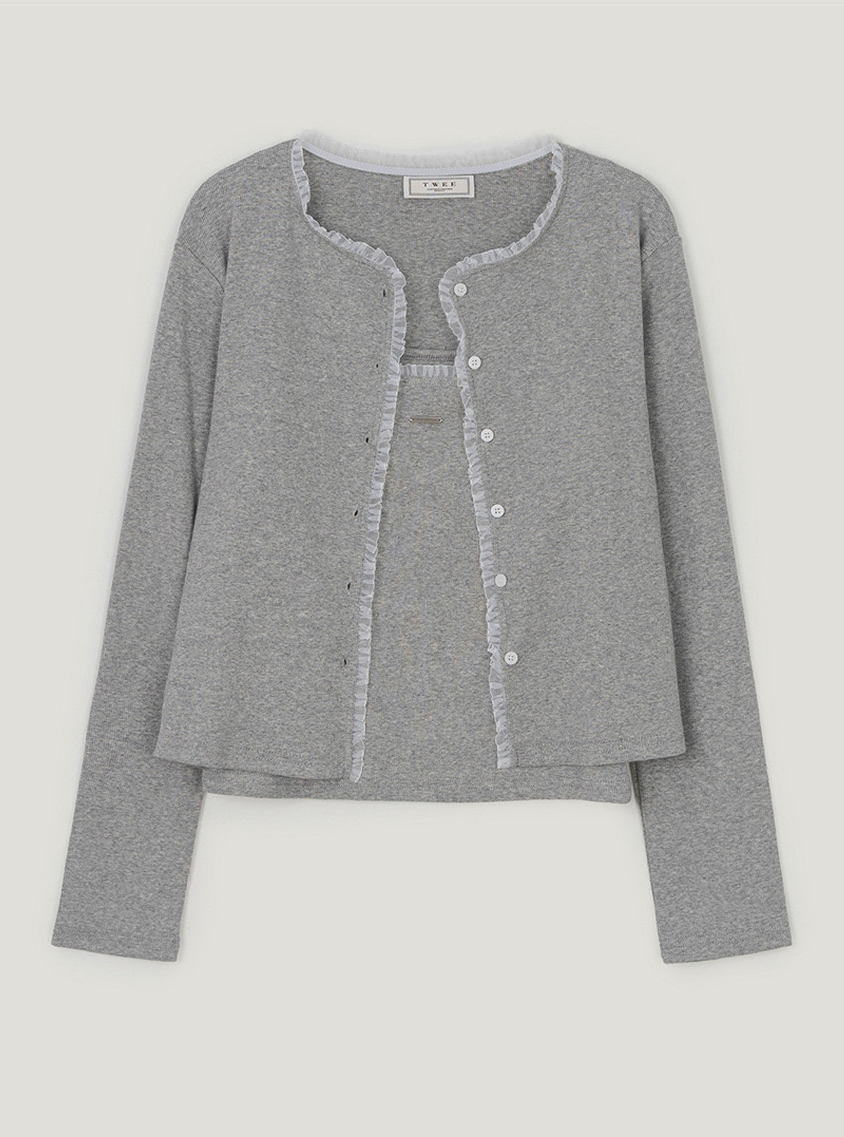Itin lace layered sleeveless cardigan set | Gray cutout