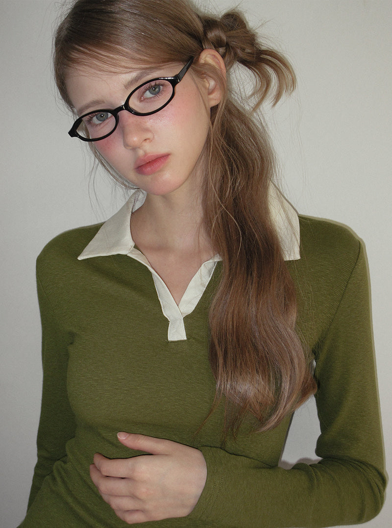 TWEE Tesher collar contrast long sleeve T-shirt | Product styling view 5
