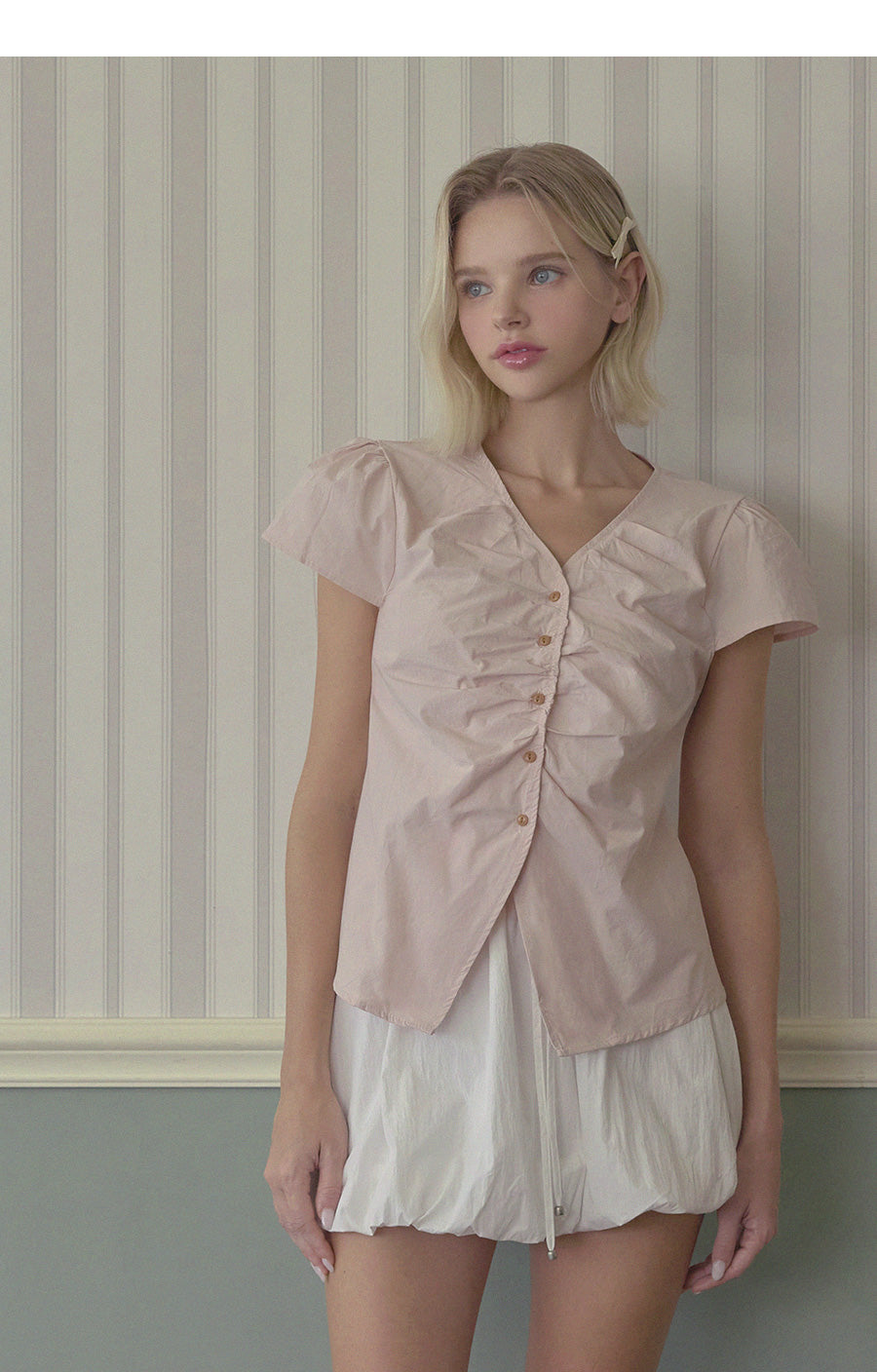 Witty Button Shirring Blouse