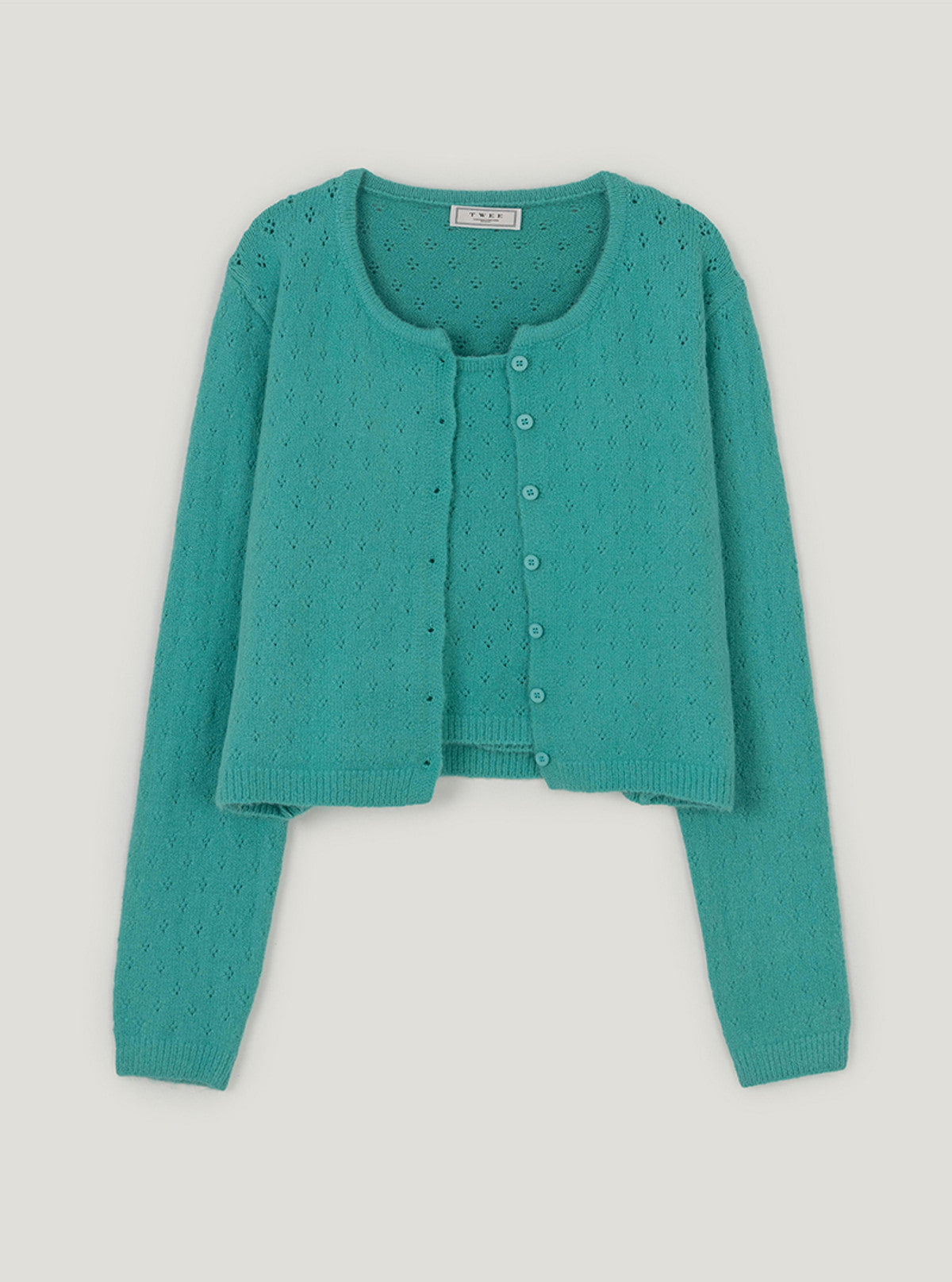 Leo punching knit sleeveless cardigan set | Blue green cutout