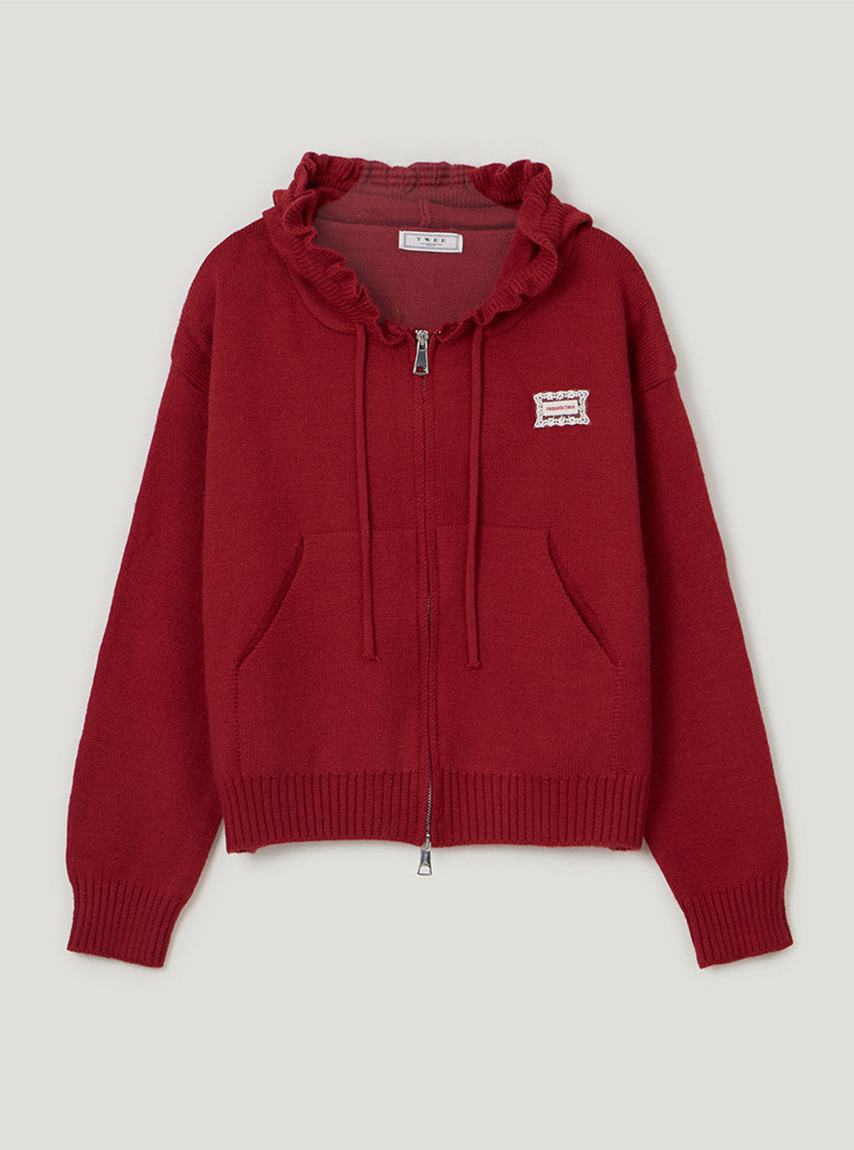 TWEE Berle wave hood long sleeve knit zip-up | Red product-only view