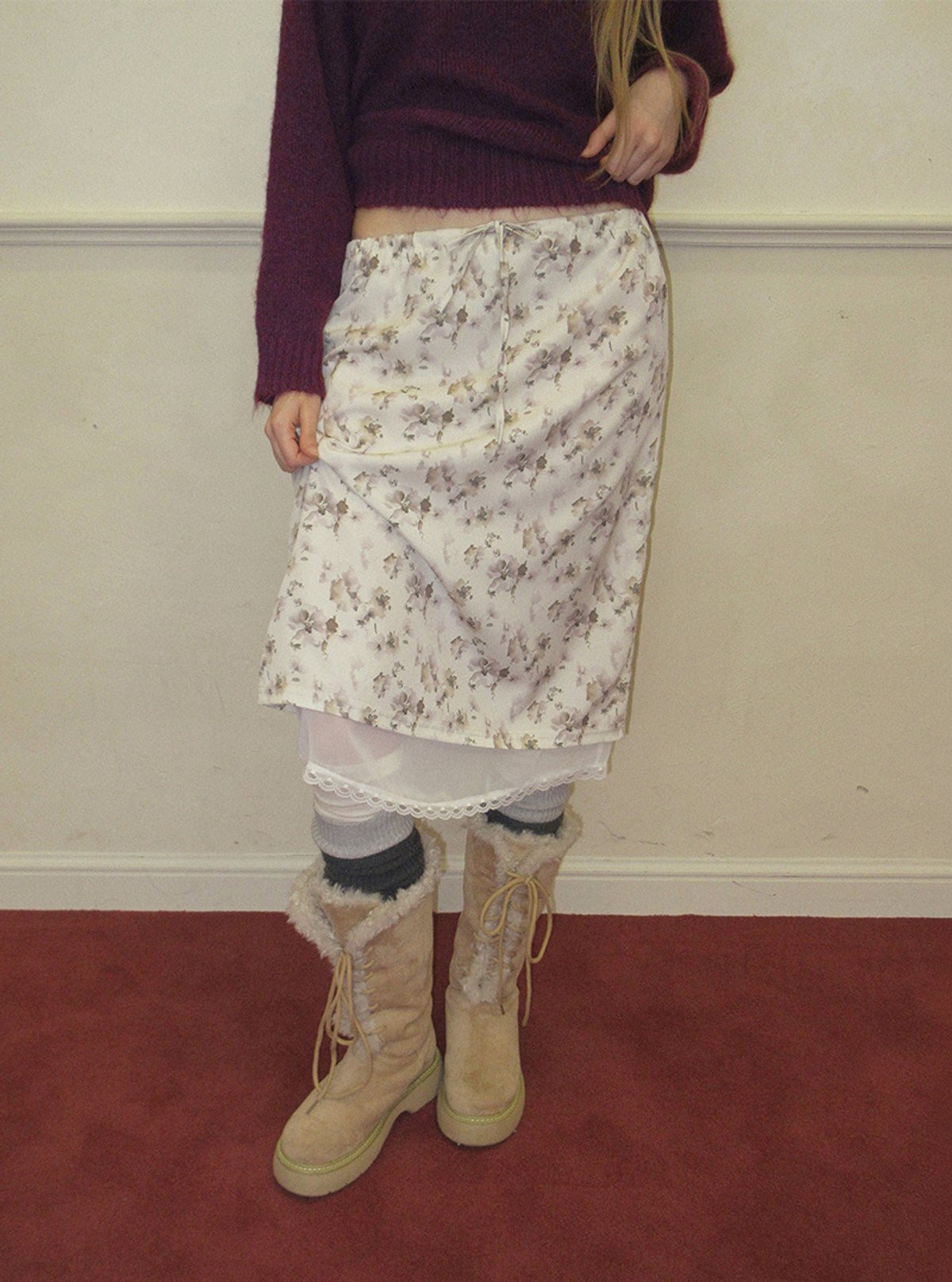 TWEE Word floral pattern satin midi skirt | Product styling view 3