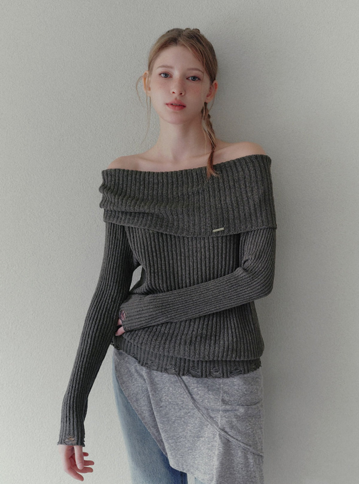 Kaen vintage distressed off-shoulder long sleeve knit | Main