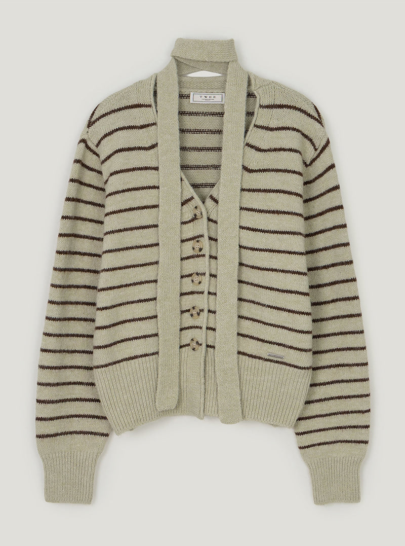 Pelia stripe knit long sleeve cardigan (strap set) | Olive cutout
