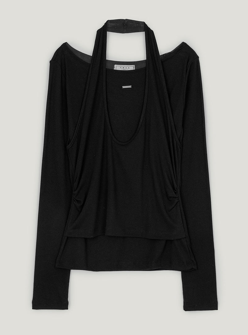 TWEE Pontis halter layered long sleeve T-shirt | Black product-only view