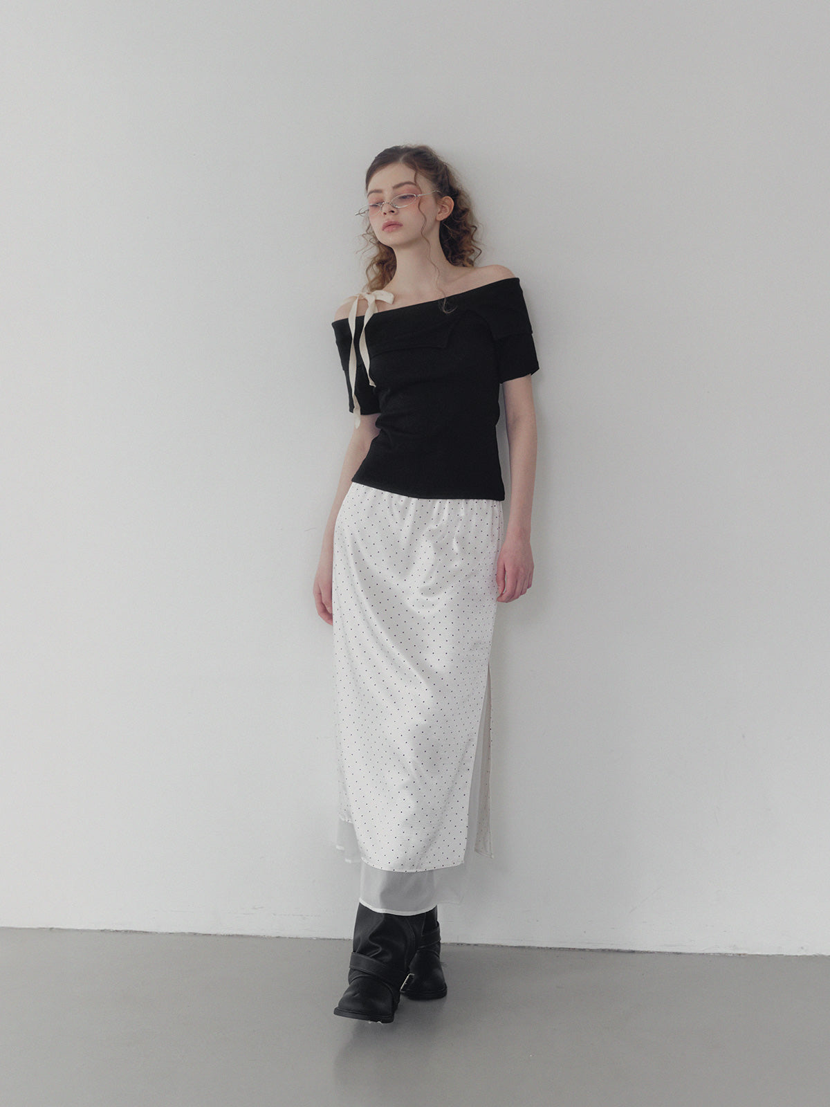 Purd dot layered banding long skirt