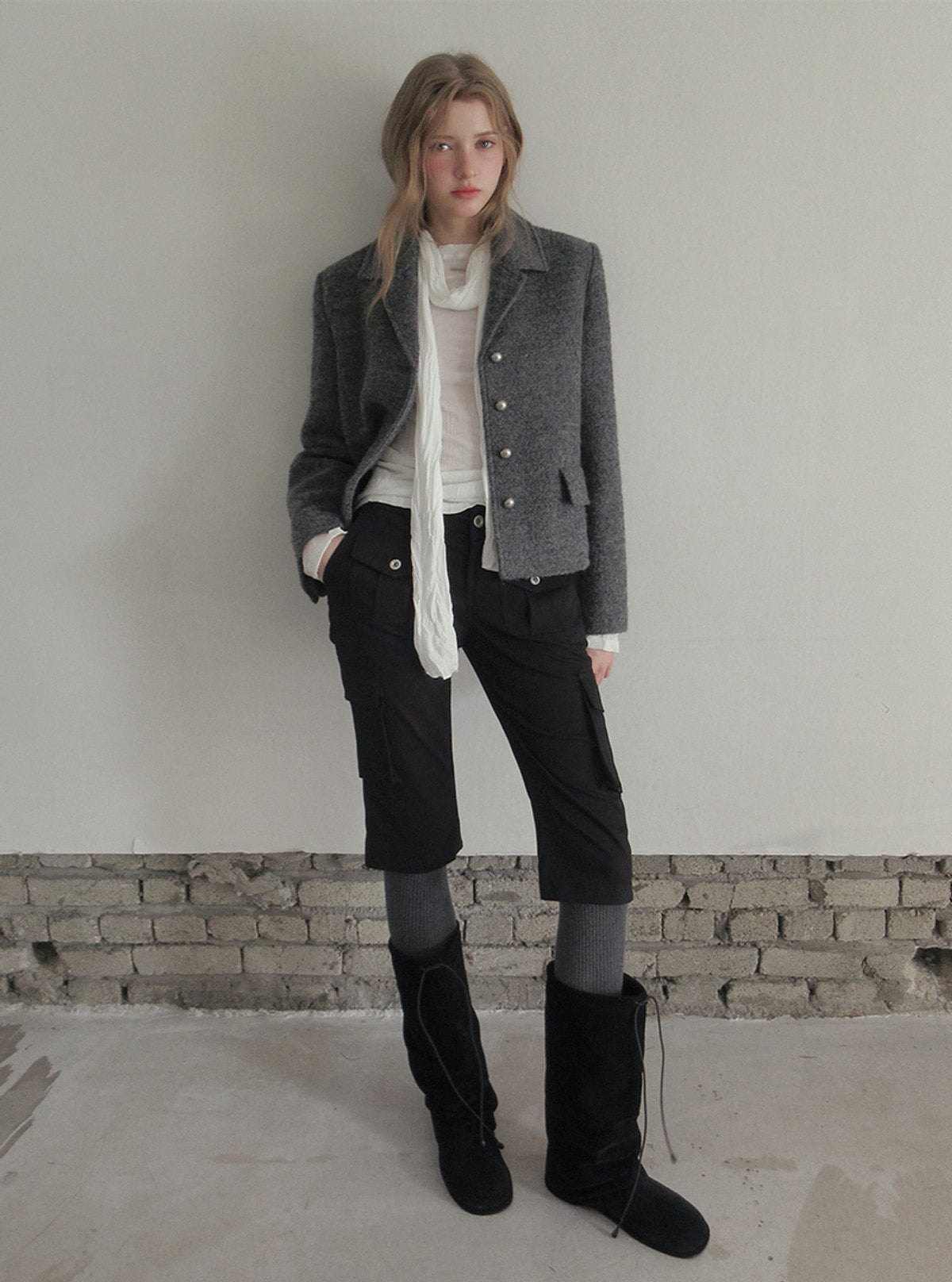 TWEE Wools collar cropped long sleeve jacket | Product styling view 3