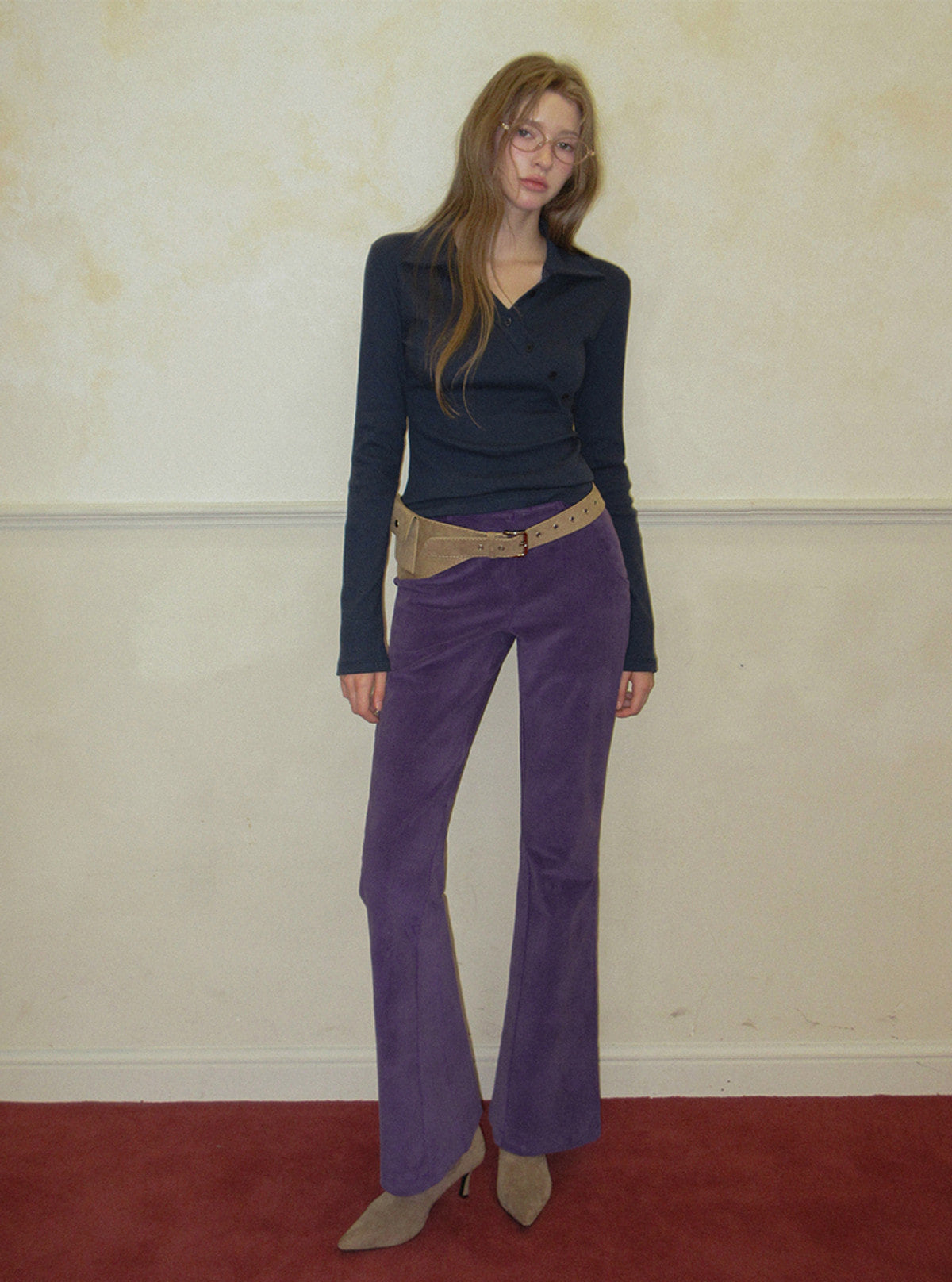 TWEE Normal diagonal button collar long sleeve T-shirt | Product styling view 10