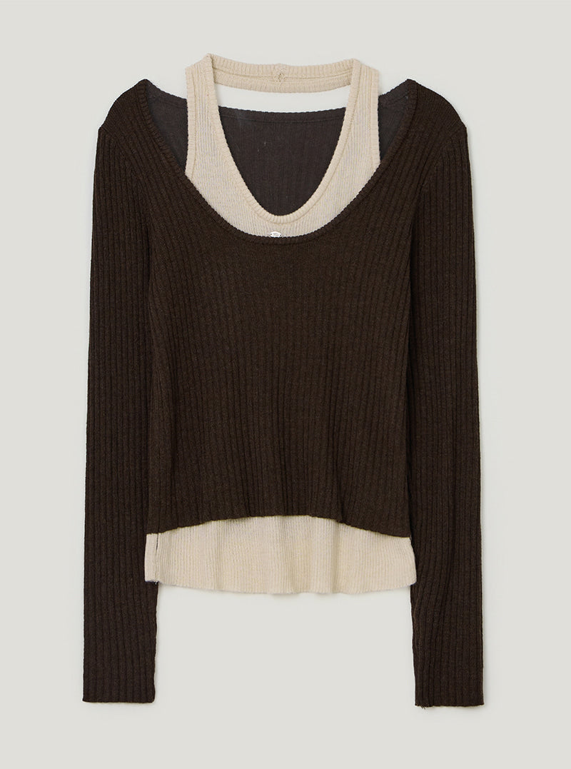 TWEE Kellon halter layered long sleeve knit | Brown product-only view