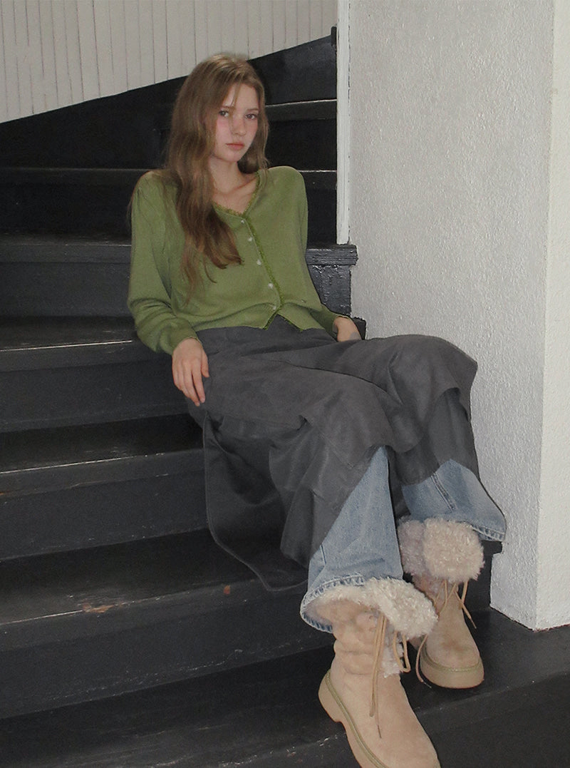 TWEE Benz organza layered suede long skirt | Product styling view 3