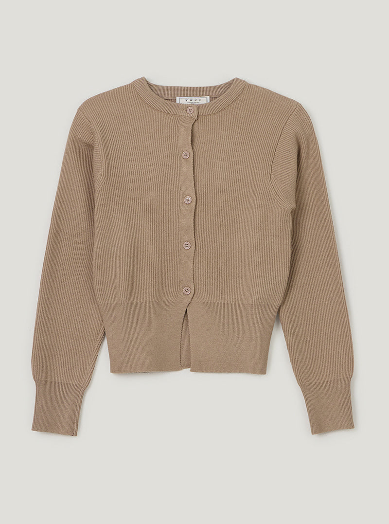 TWEE Coers round/V-neck long sleeve knit cardigan | Beige/Round Neck product-only view