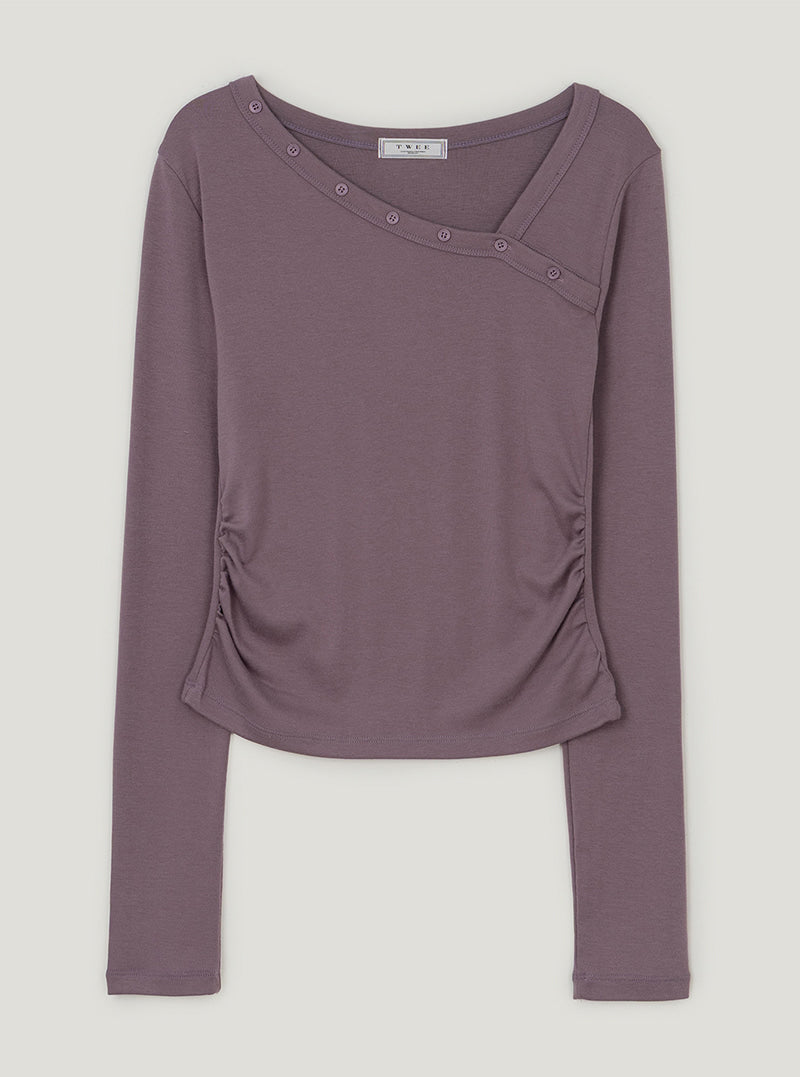 TWEE Rio asymmetric button shirring two-way long sleeve T-shirt | Purple product-only view