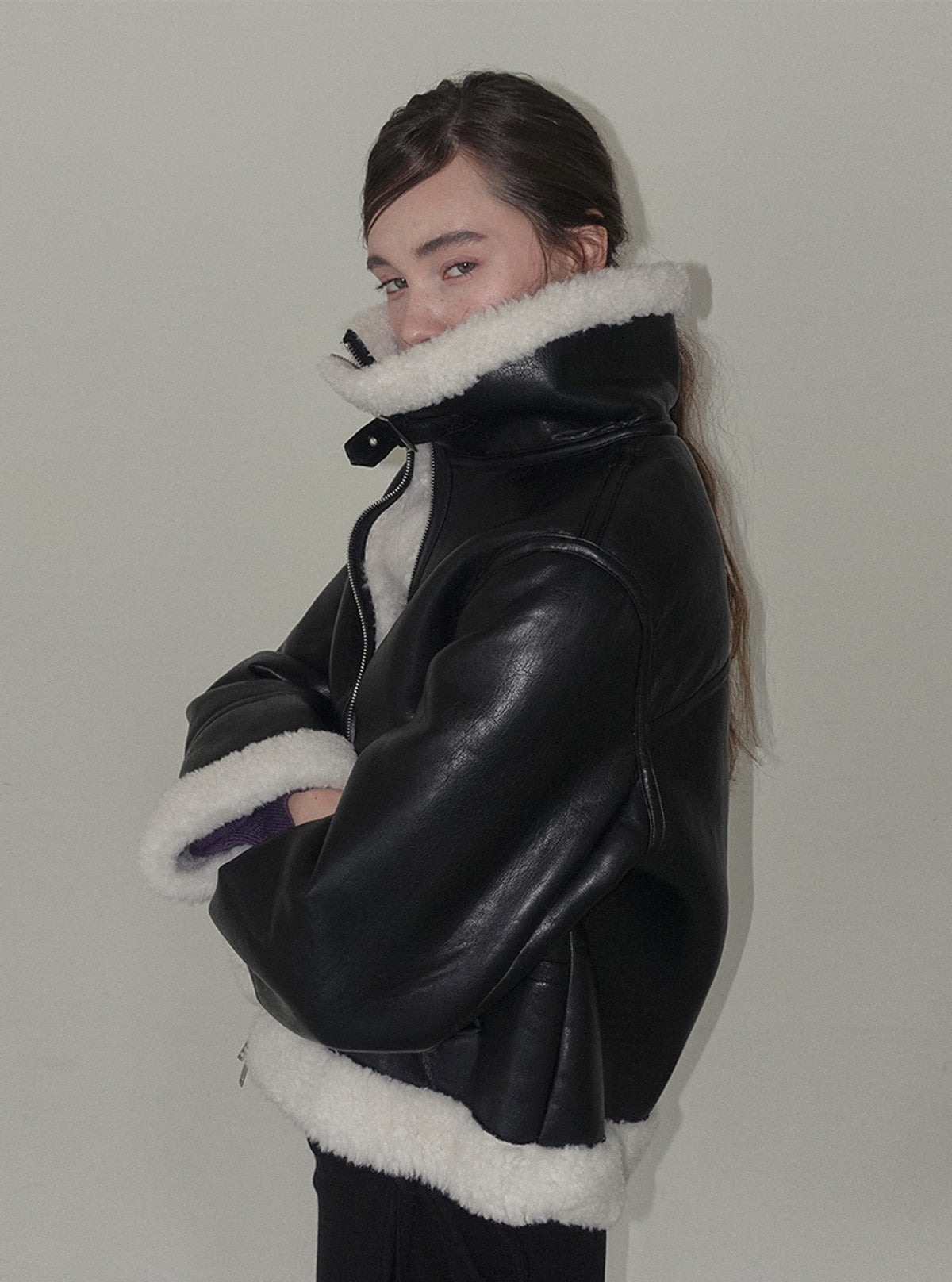 Zelto basic high-neck faux leather shearling jacket | View 5