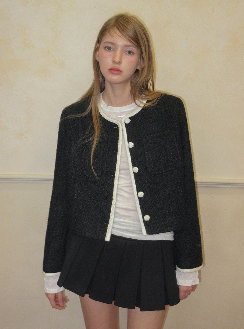 TWEE Osel contrast pocket long sleeve tweed jacket | Product styling view 4