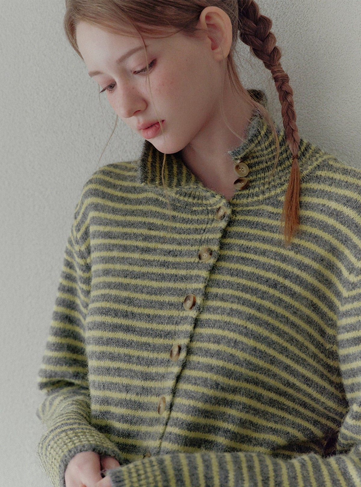 Rozin asymmetric button stripe knit long sleeve cardigan | View 10