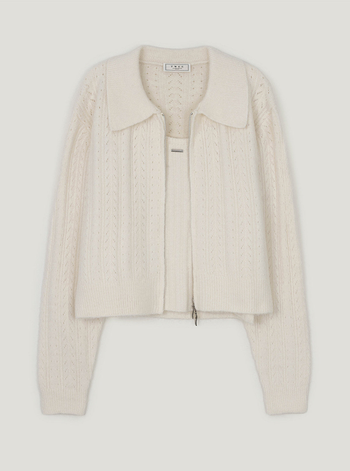 Ruffel sleeveless collar knit zip-up set | Ivory cutout