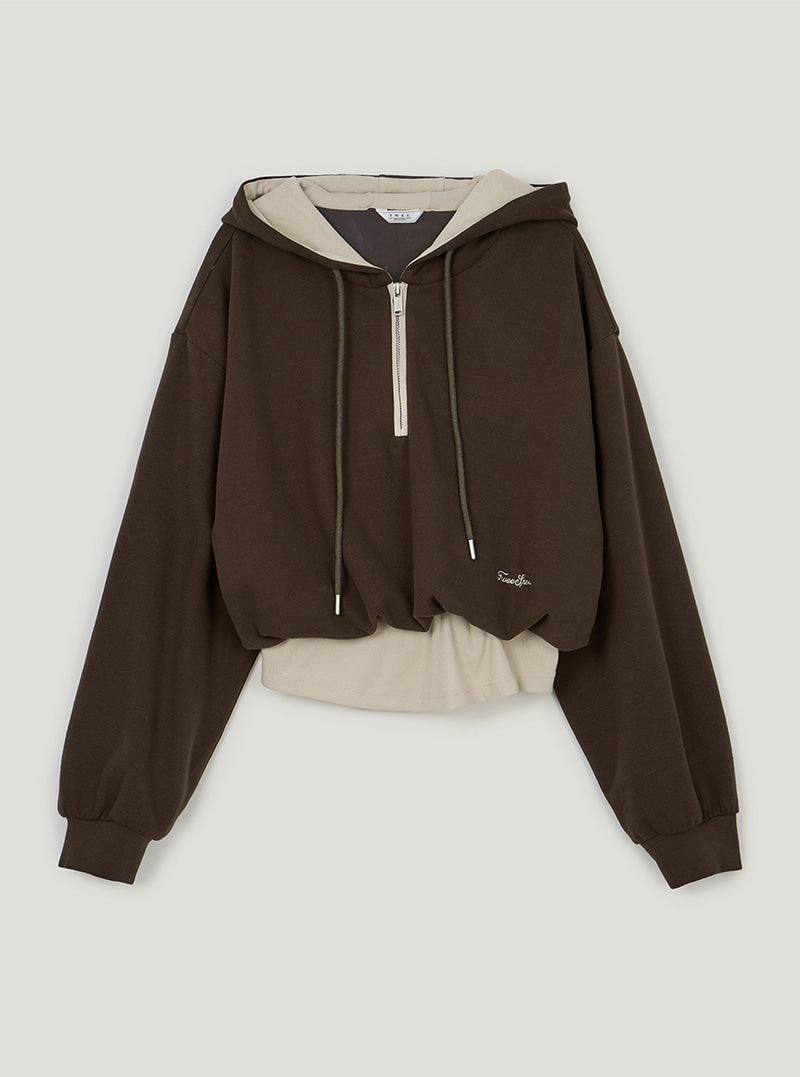 TWEE Medi layered half hood zip-up T-shirt | Brown product-only view