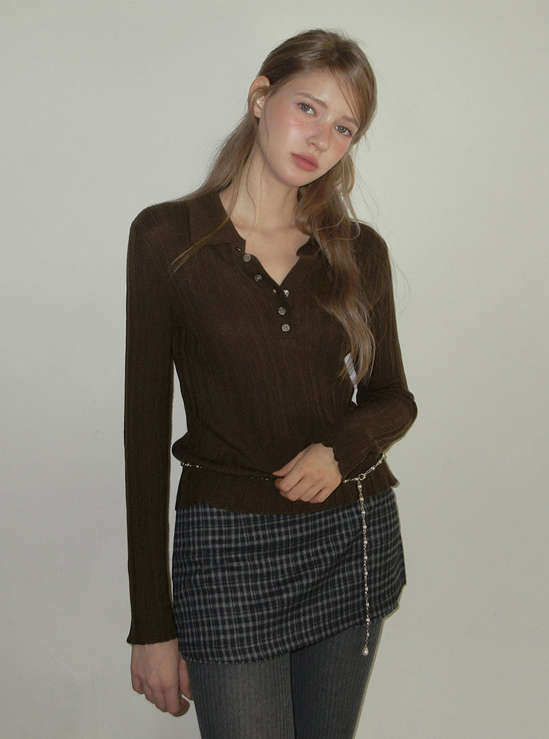 TWEE Polin collar vertical ribbed long sleeve knit | Product styling view 4