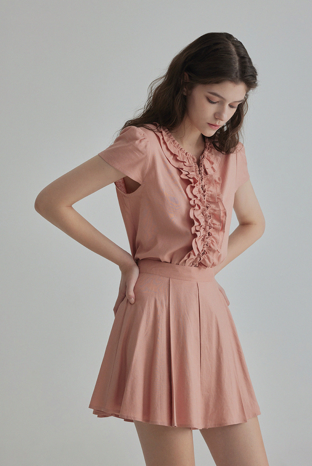 Riten Frill Linen Blouse Mini Skirt