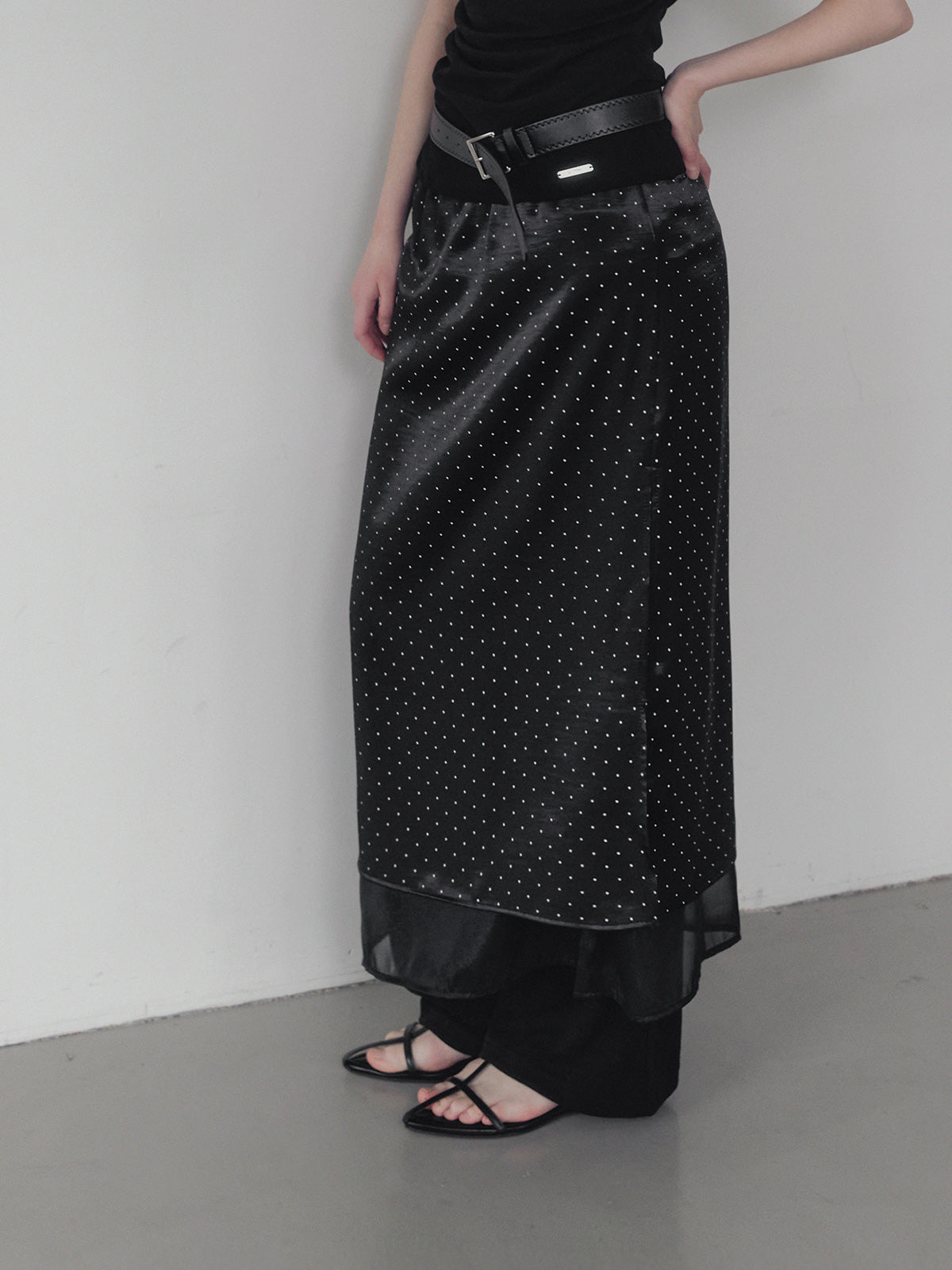 Purd dot layered banding long skirt