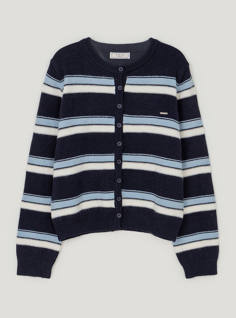 Hetty irregular stripe knit long sleeve cardigan | Navy cutout