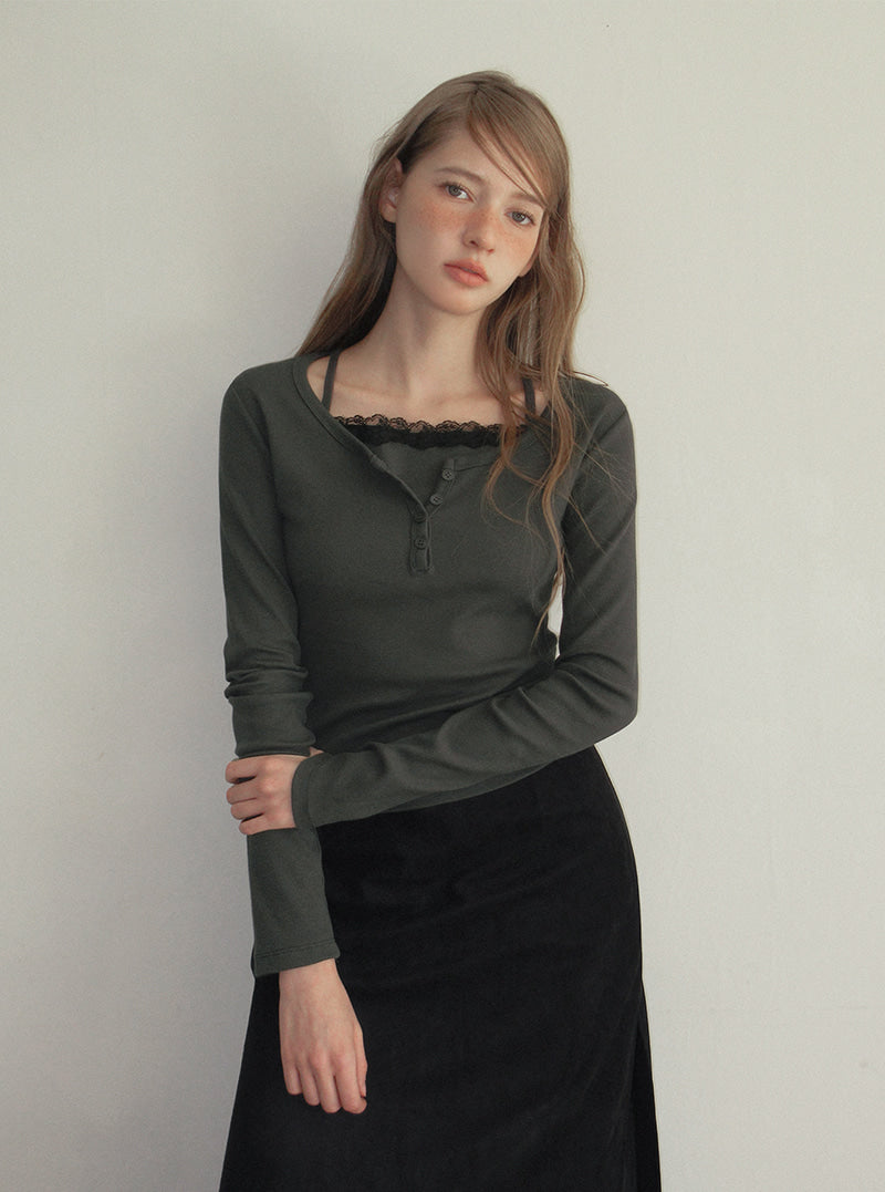 TWEE Martin lace contrast button long sleeve T-shirt | Product styling view 3