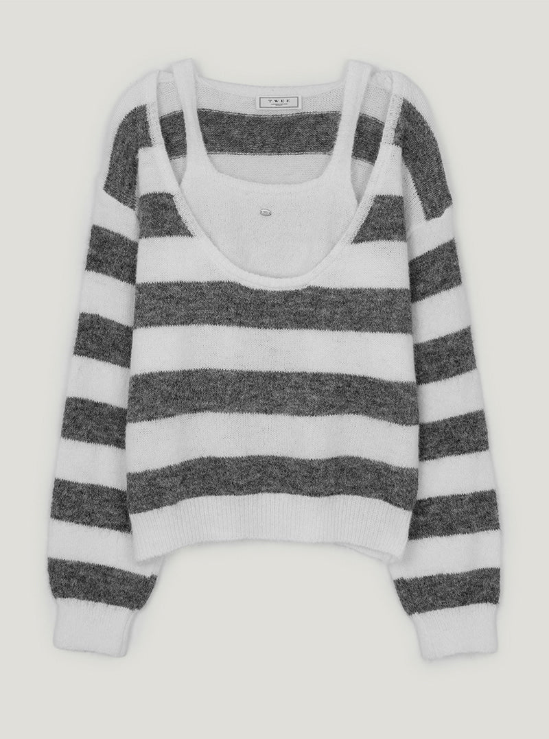 Liz halter layered stripe long sleeve knit | Ivory cutout