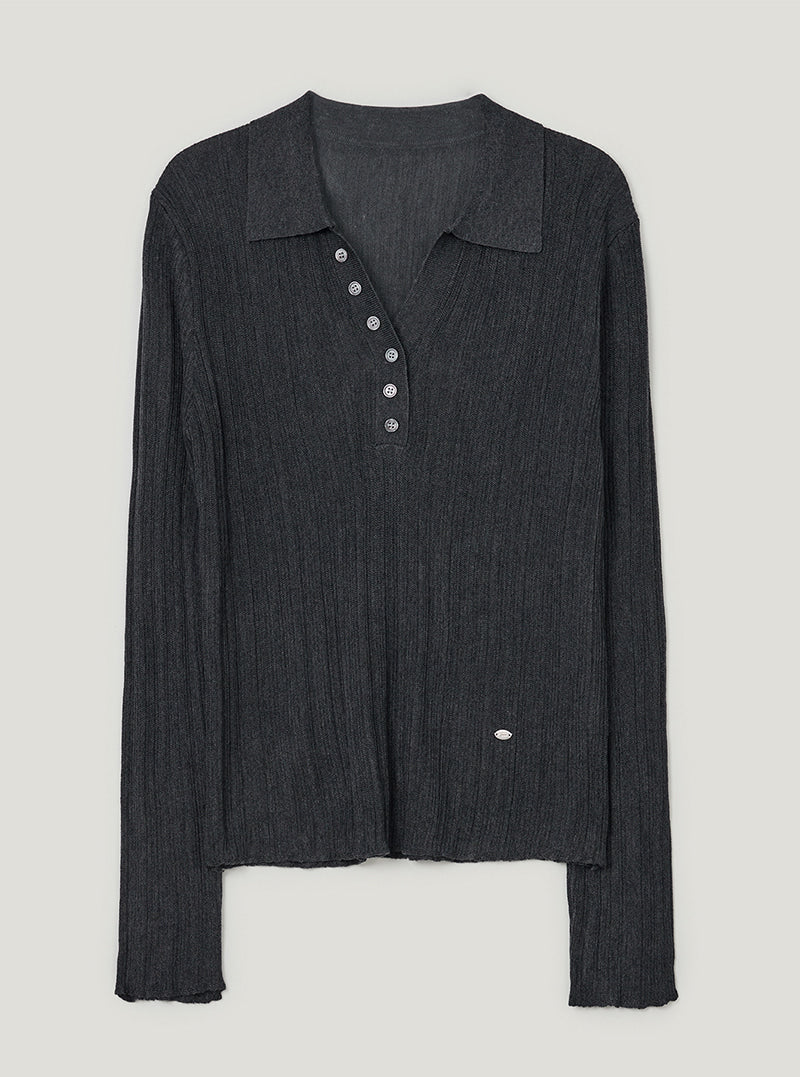 TWEE Polin collar vertical ribbed long sleeve knit | Charcoal product-only view