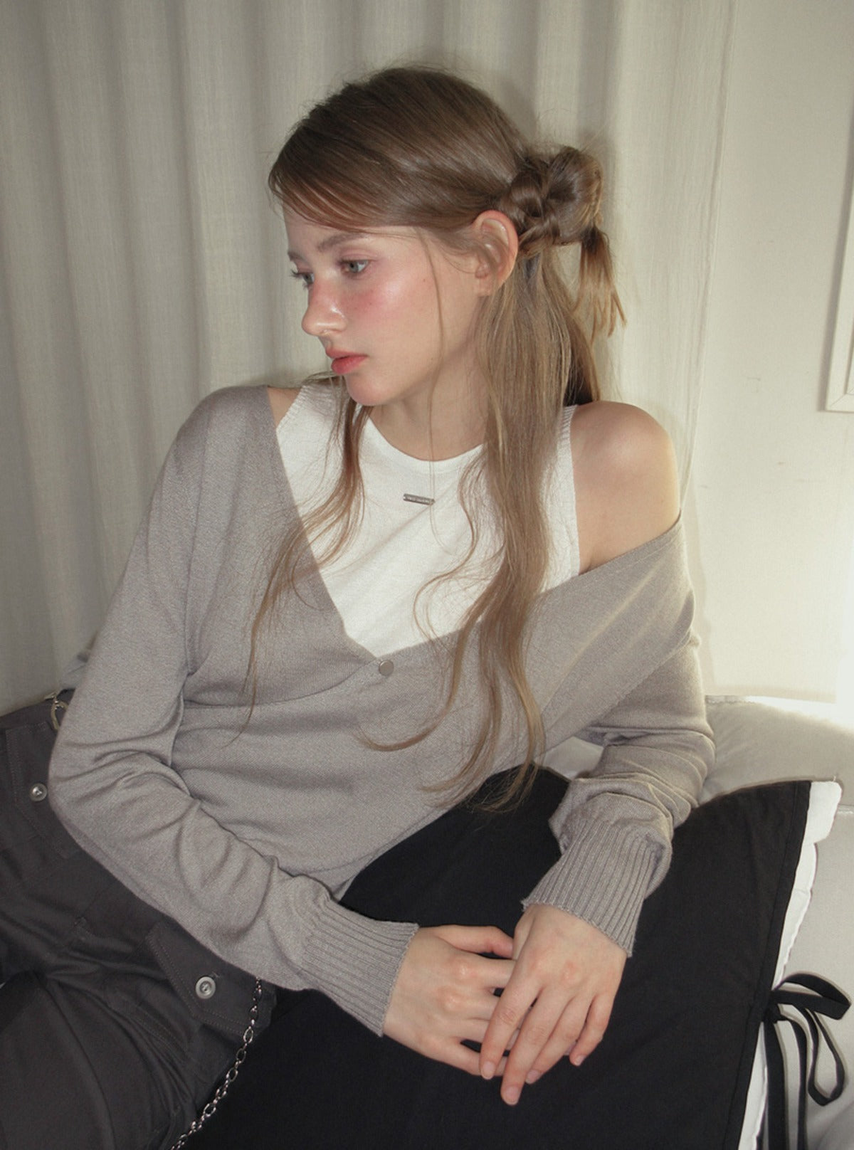TWEE Koen deep V-neck wrap layered long sleeve knit | Main product image