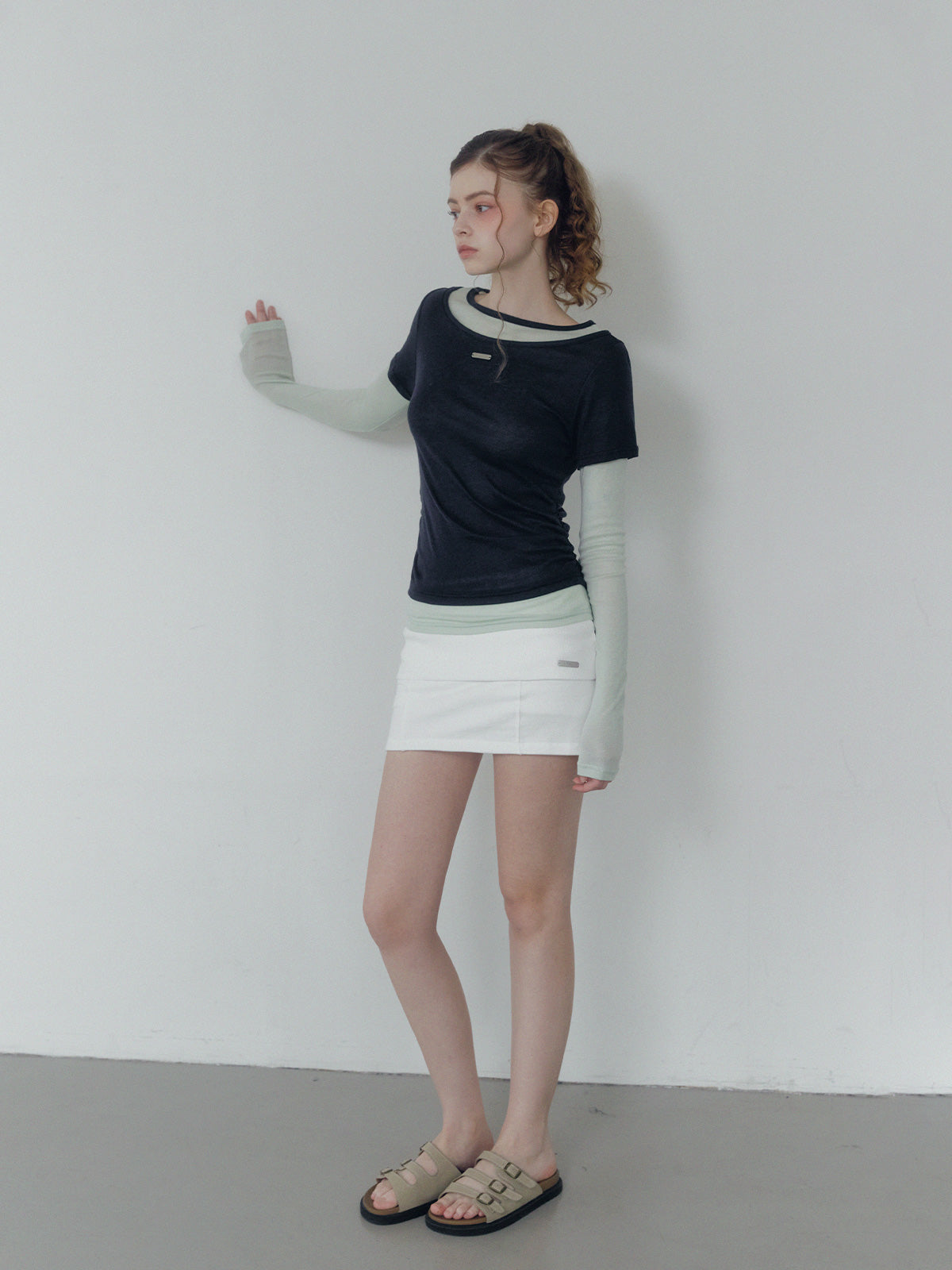 Lett contrast layered shirring long sleeve t-shirt