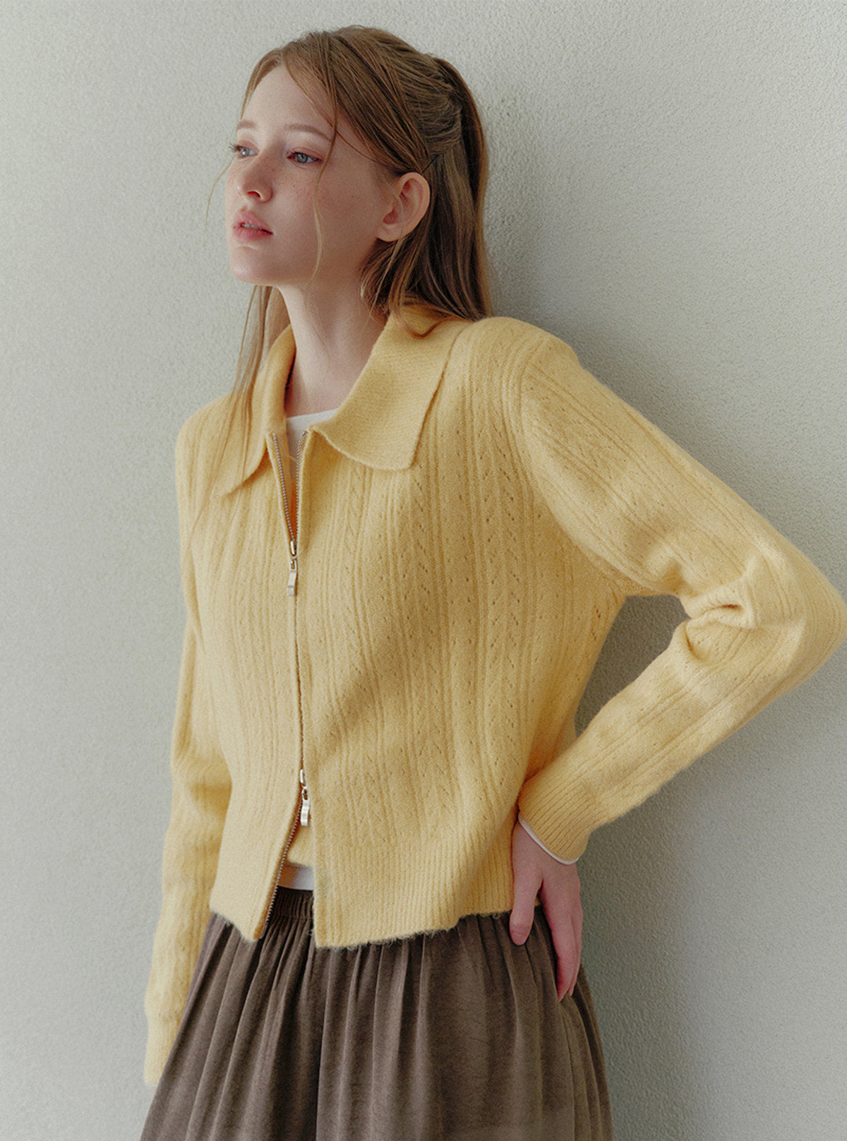 Ruffel sleeveless collar knit zip-up set | View 6