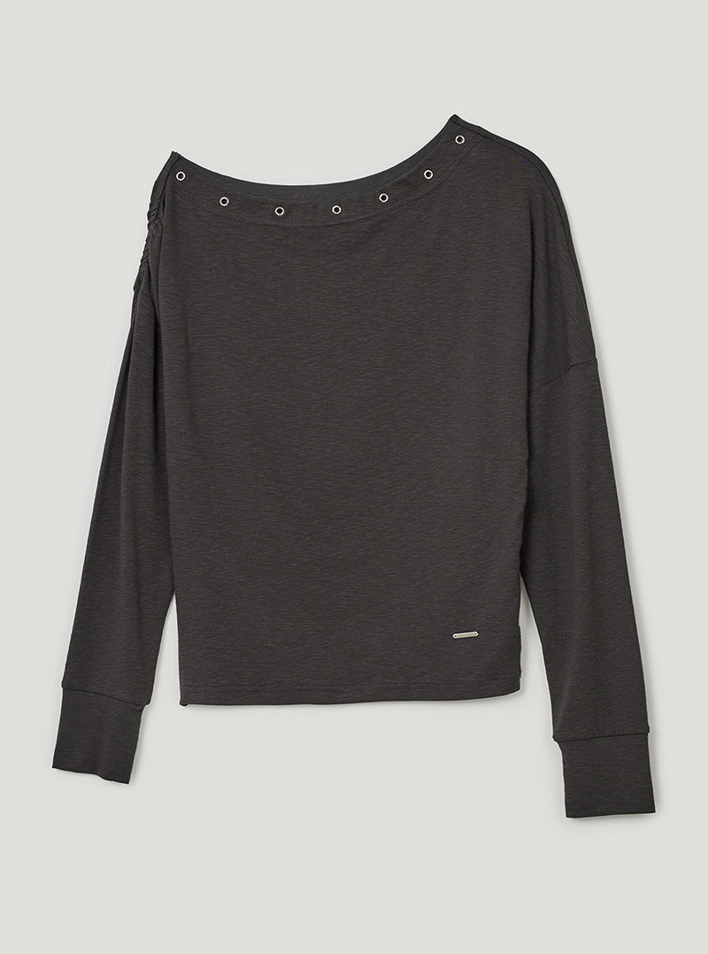 TWEE Leso eyelet shirring loose-fit long sleeve T-shirt | Charcoal product-only view