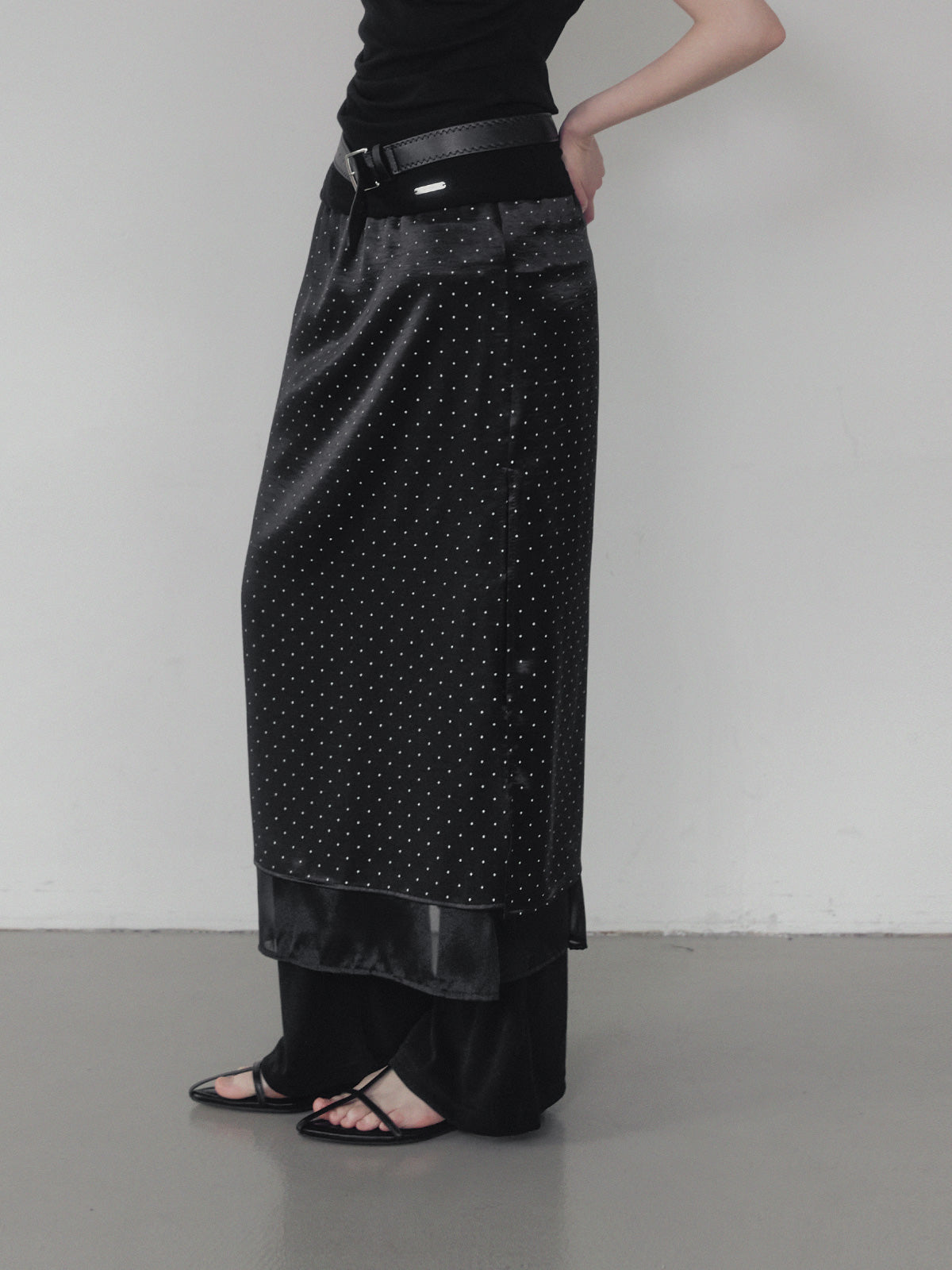 Purd dot layered banding long skirt