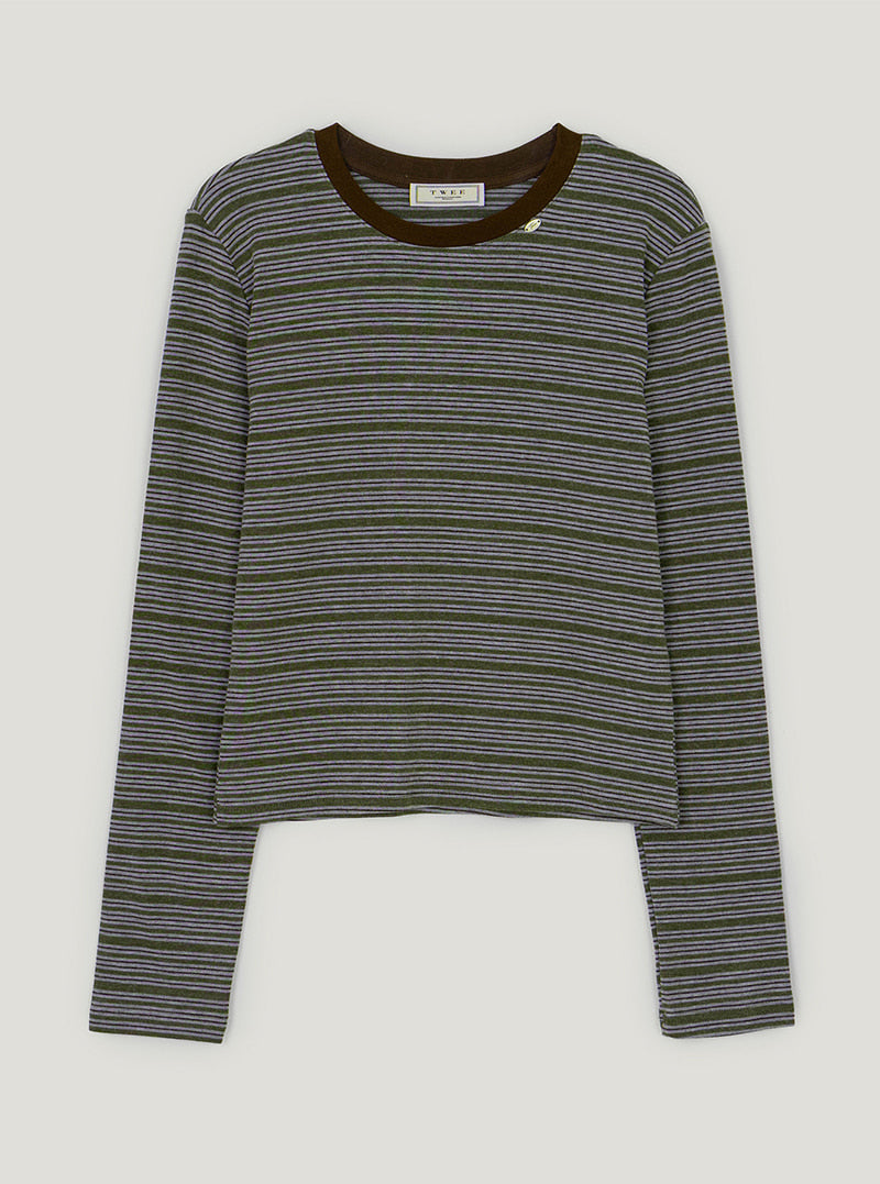 Bizen stripe semi-cropped long sleeve T-shirt | Olive cutout