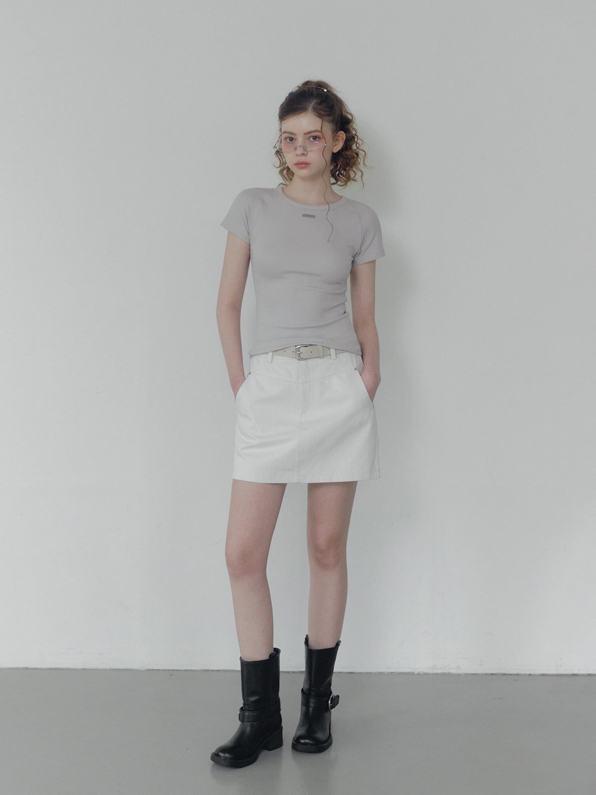 Jeden rivet panel cotton mini skirt (belt set)