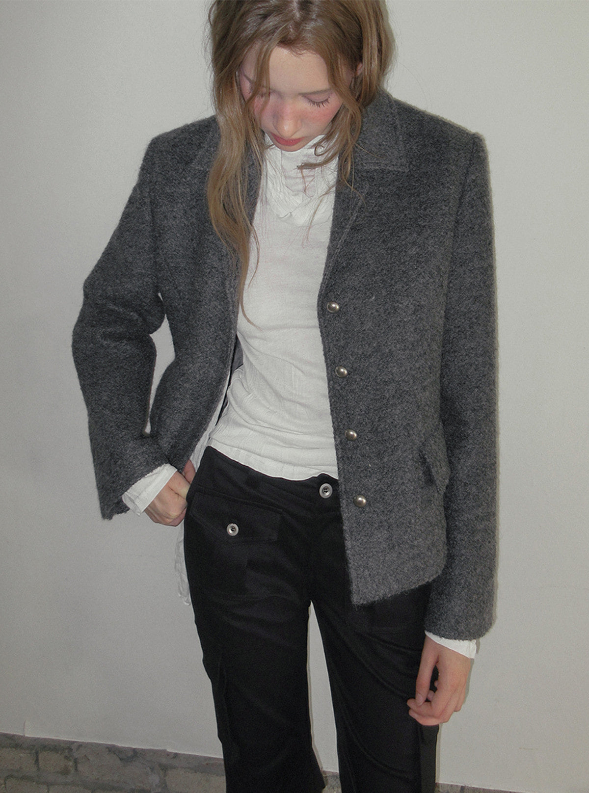 TWEE Wools collar cropped long sleeve jacket | Product styling view 5