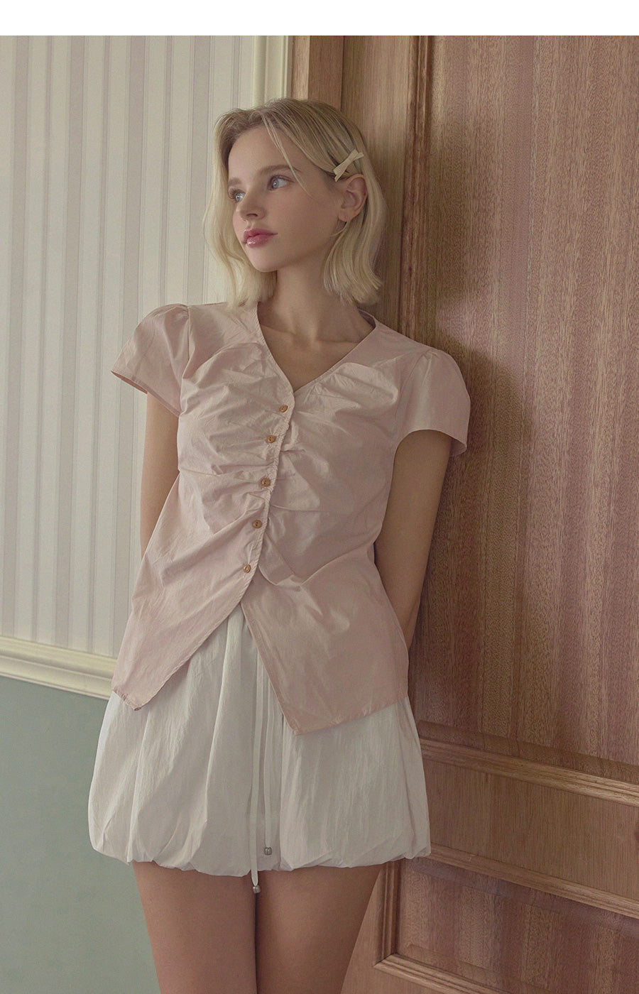 Witty Button Shirring Blouse