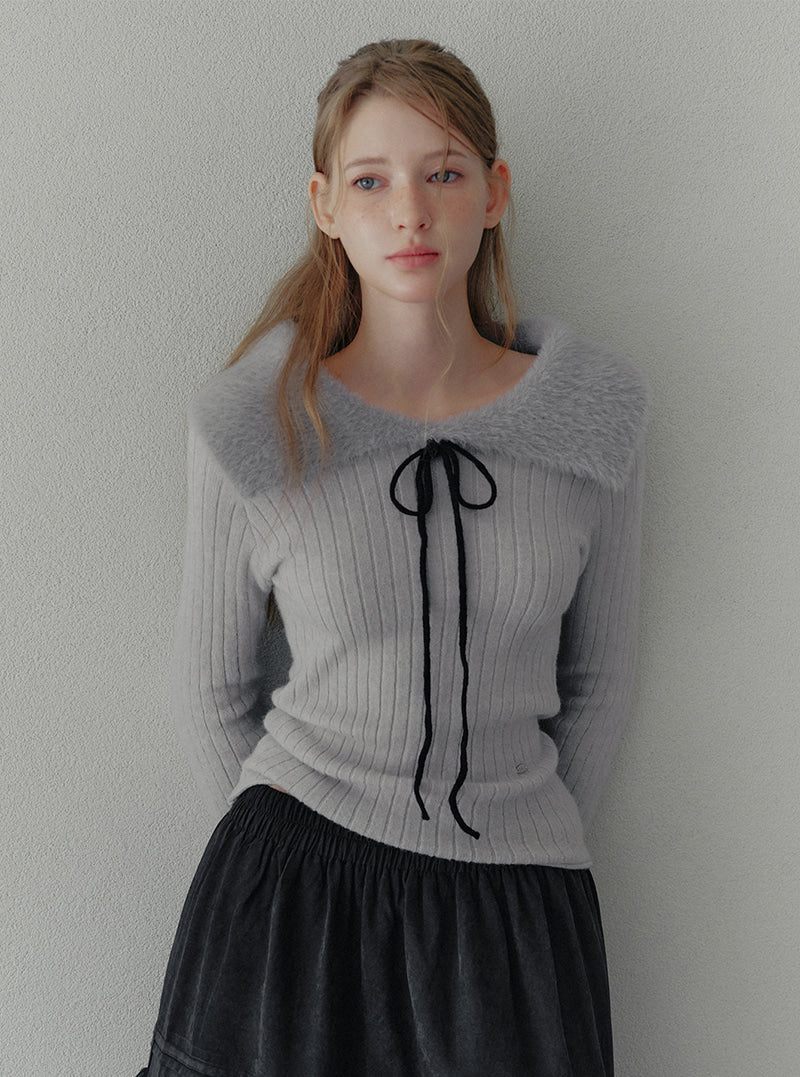 Bins fur contrast off-shoulder strap long sleeve knit | View 5