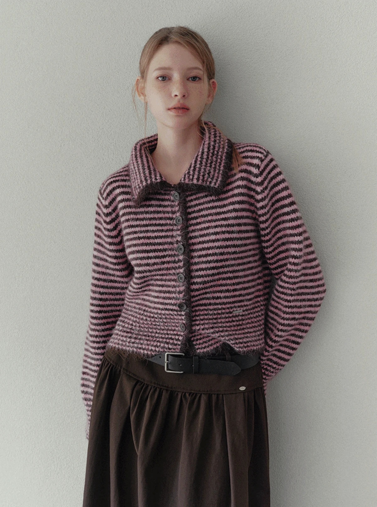Hisen collar stripe heavyweight long sleeve cardigan | Main