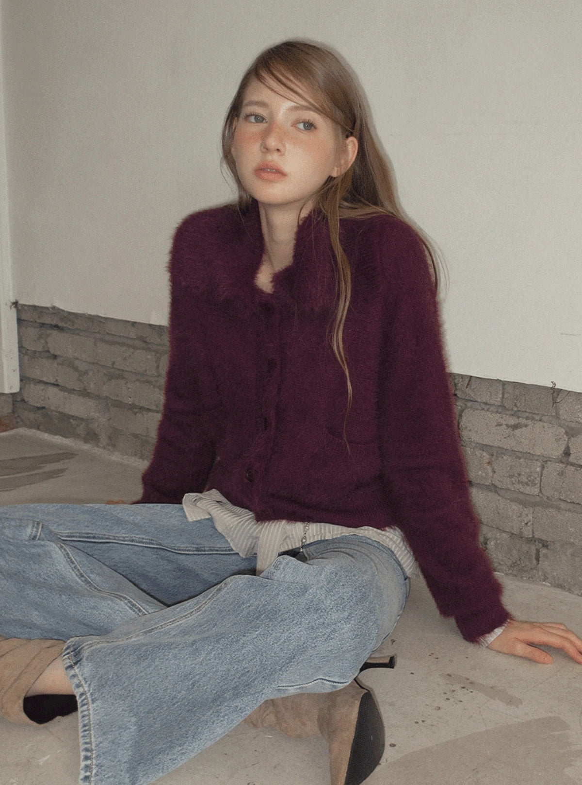 TWEE Sophie brushed collar knit long sleeve cardigan | Main product image