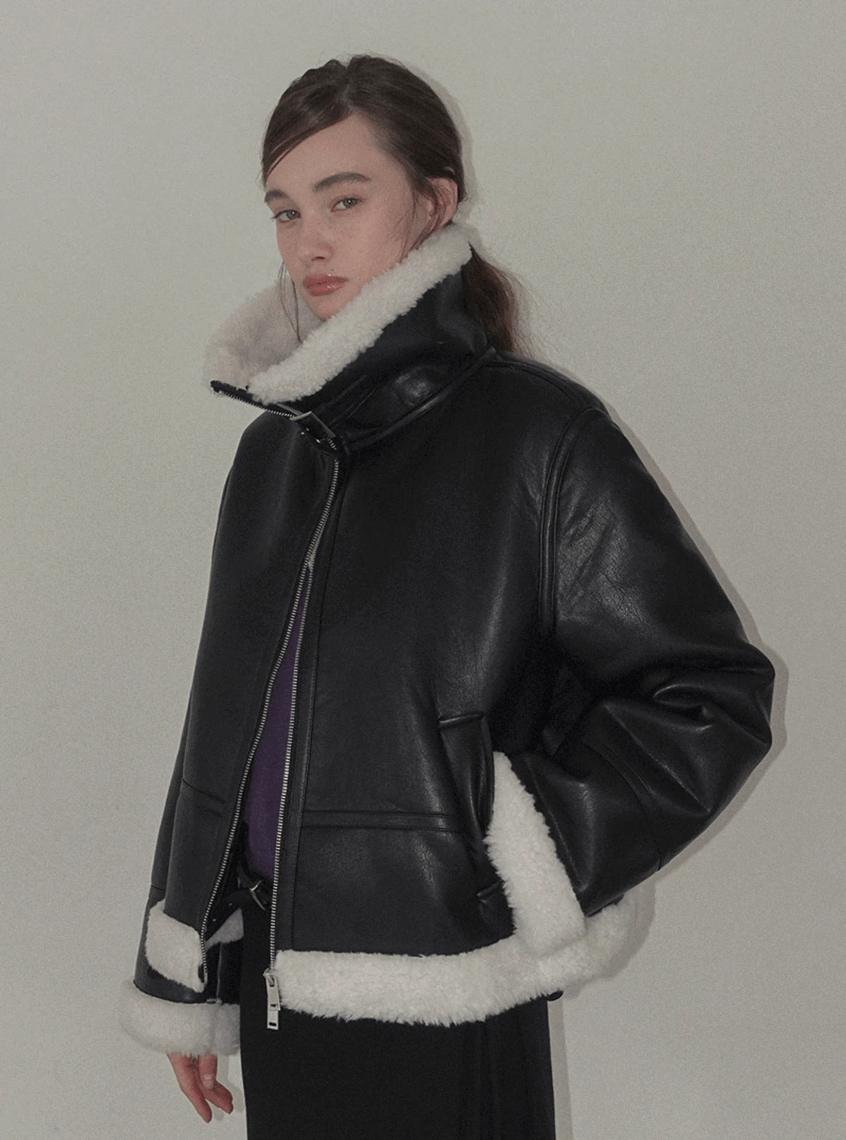 Zelto basic high-neck faux leather shearling jacket | Main
