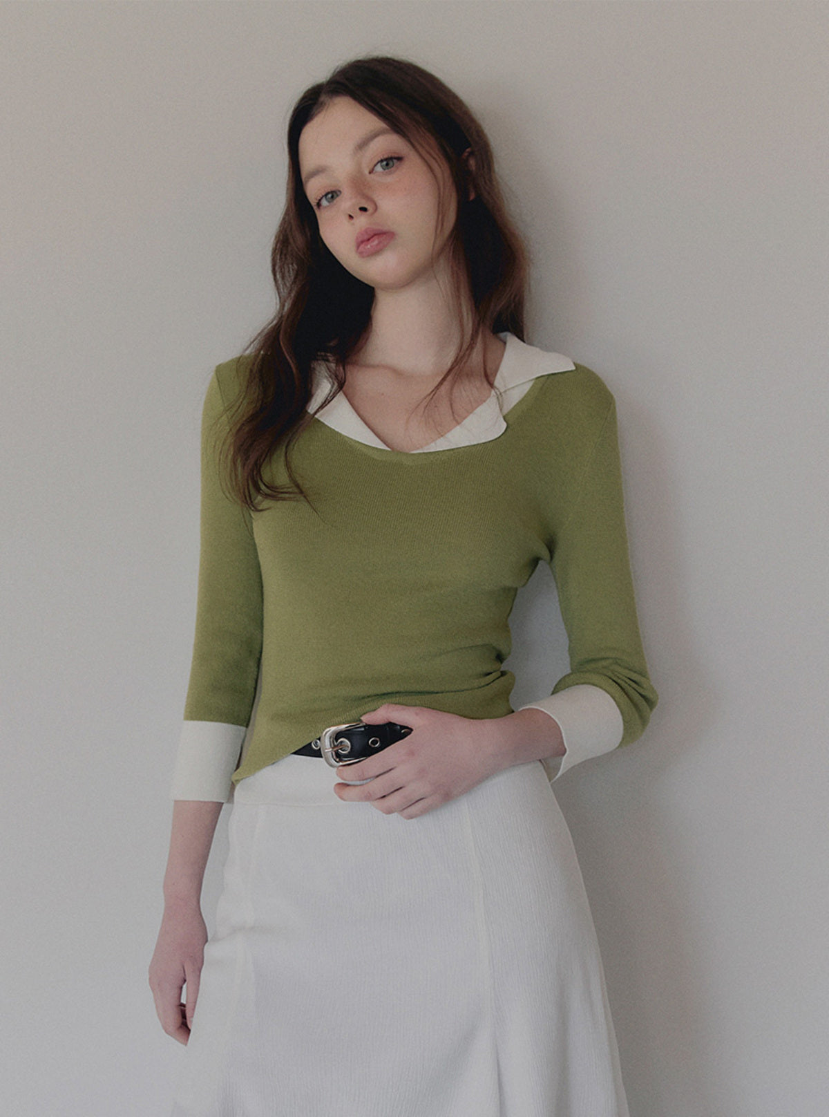 Bellon Contrast Collar Three-Quarter Sleeve Knit